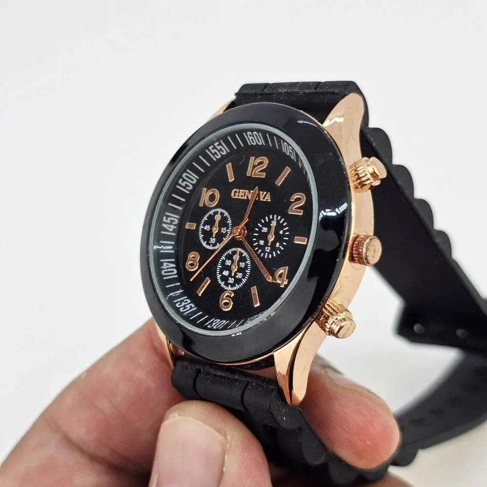 38MM Women's Watch Analog 38MM Black Dial Gold Case Black Plastic Bands New Batt